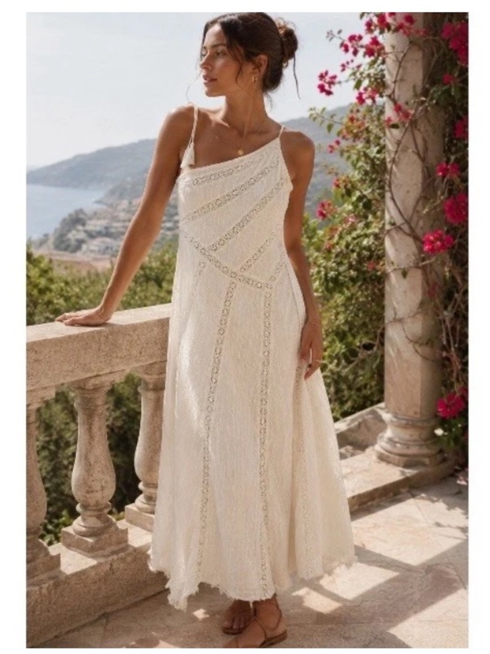 NWT Free People Bella One-Shoulder Maxi Dress M Ivory Lace Boho Raw Hem Whimsy.